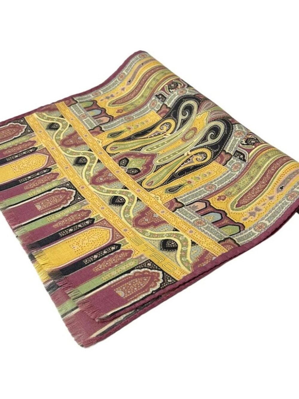 ETRO Dark yellow Purple Multi Wool Silk Scarf